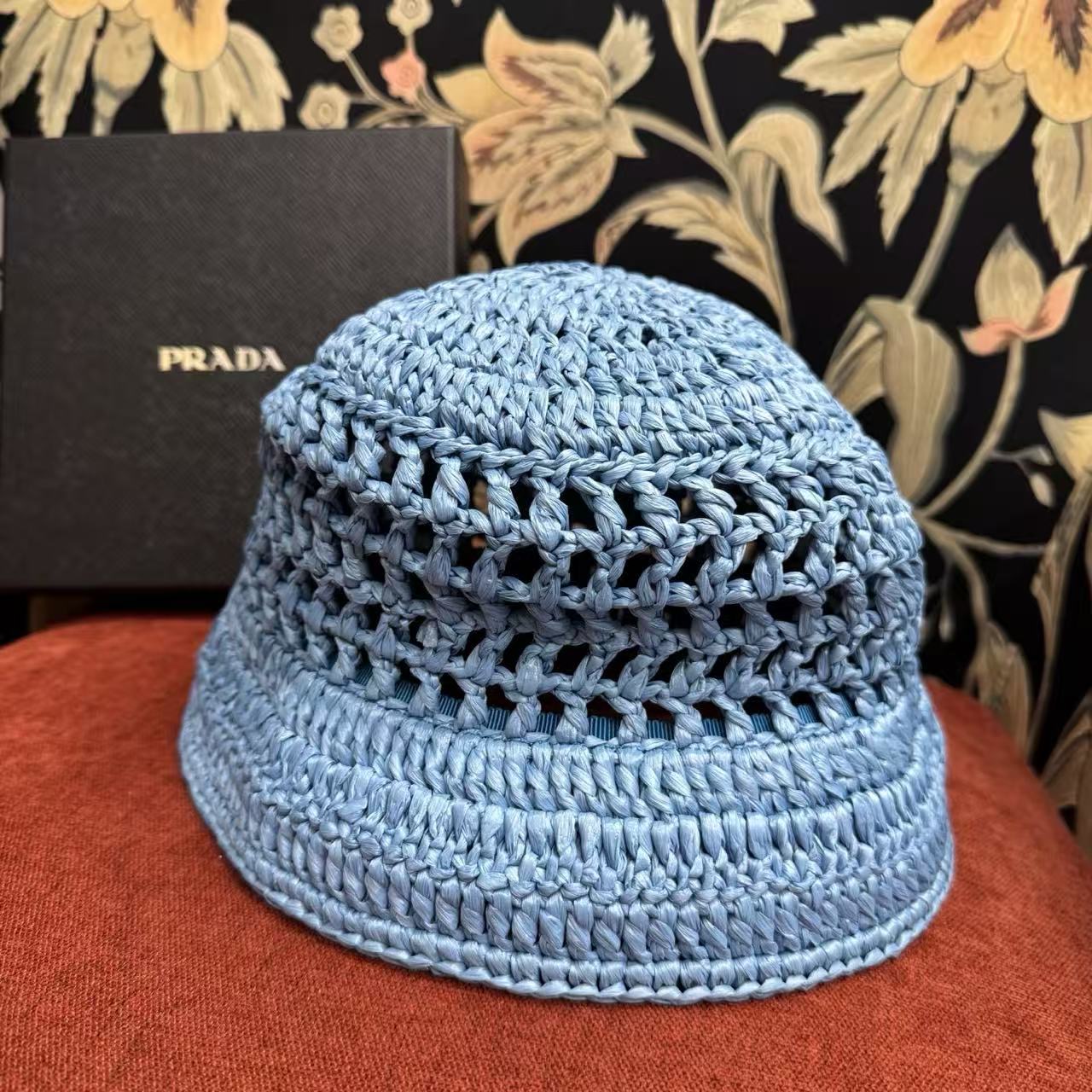 PRADA Raffia Crochet Bucket Hat – Light Blue