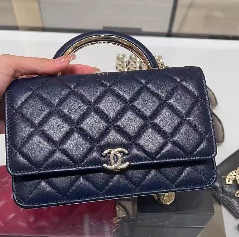 CHANEL Quilted Lambskin Top Handle Bag – Navy Blue